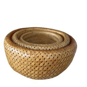 3 pc LOT NESTING BASKETS Set Bamboo Wicker Rattan Boho Home Decor Tiki